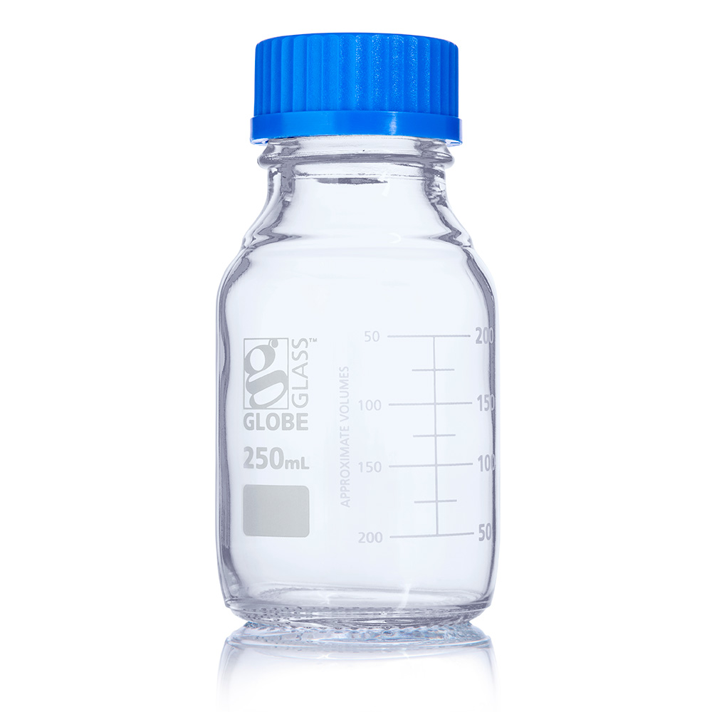 Borosilicate Glass Media Bottles, 250 ml, GL-45, Blue Caps, Schott, case/10