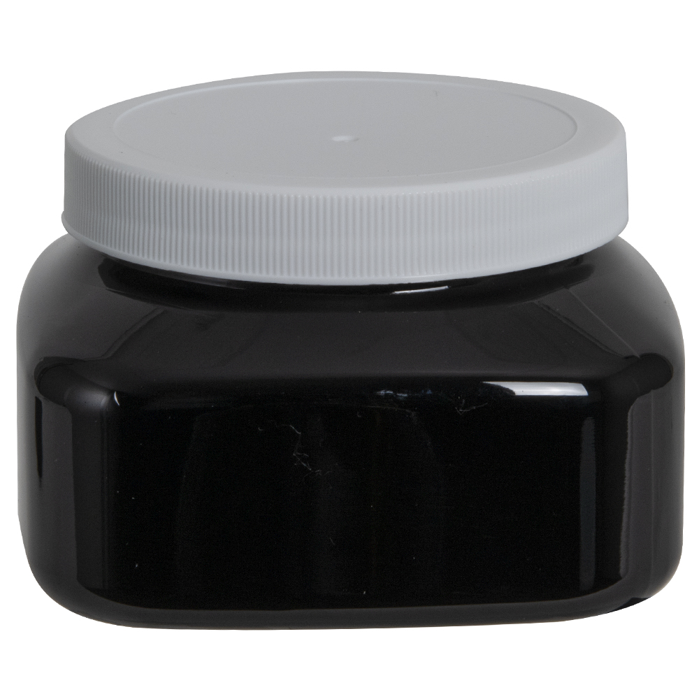 8 oz. Black PET Firenze Square Jar with 70/400 White Ribbed Cap with ...