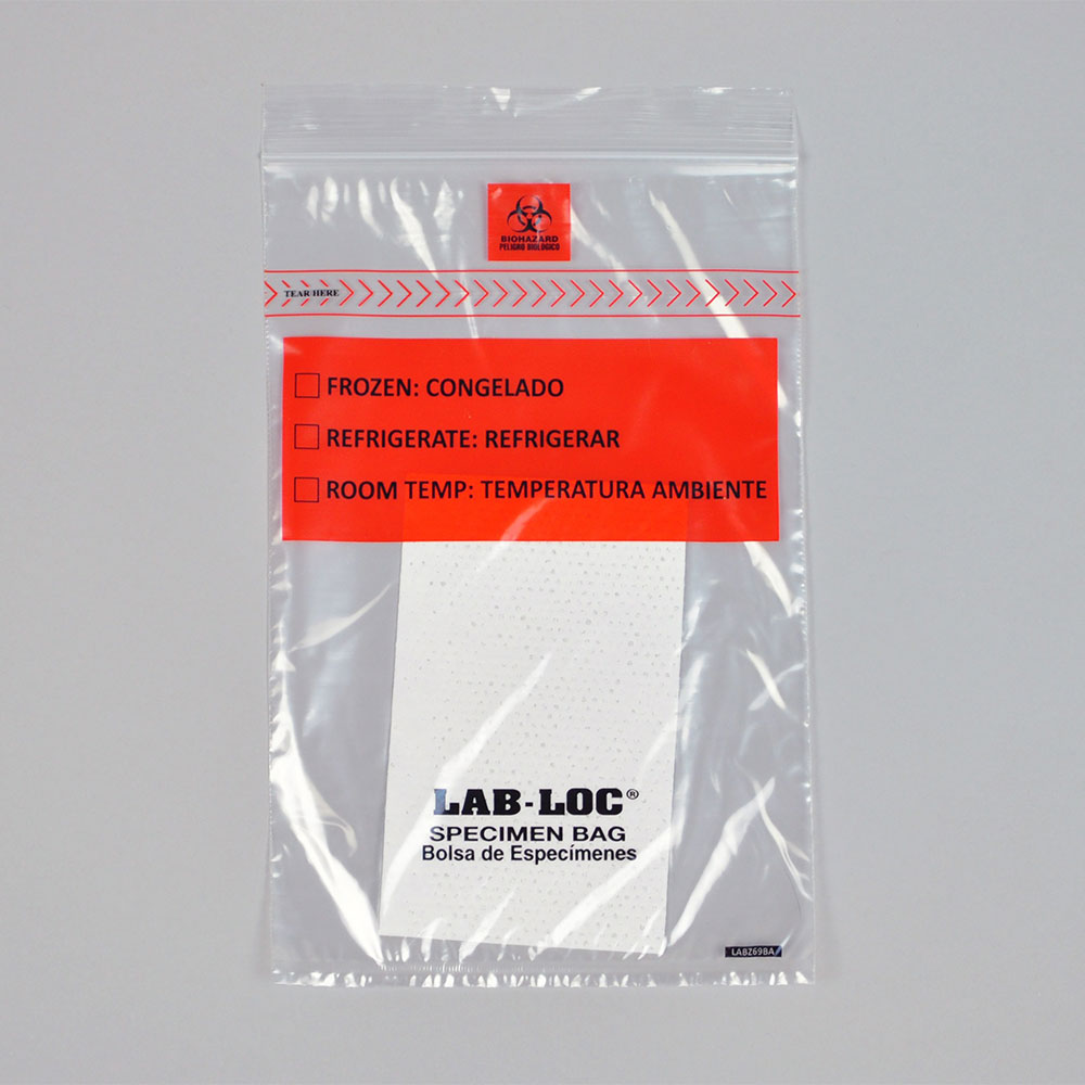 6" x 9" x 1.75mil LabLoc® Specimen Bags with Removable Biohazard Symbol contain Absorbent Pad