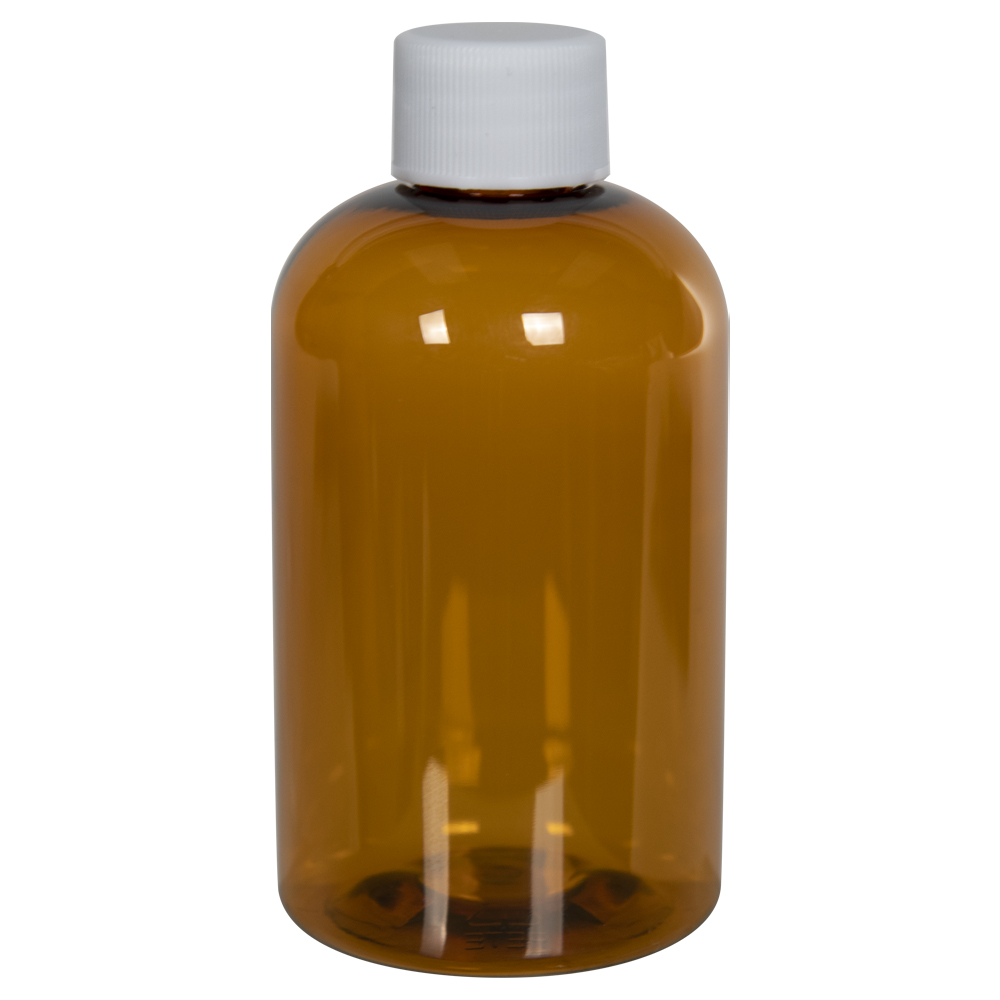 4 Oz. Clarified Amber PET Squat Boston Round Bottle With 20/410 White ...