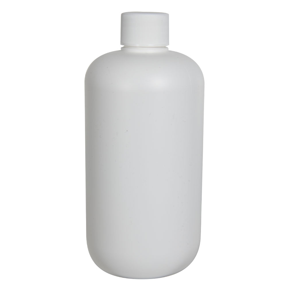 12 oz. White HDPE Boston Round Bottle with 24/410 White Ribbed Cap with ...