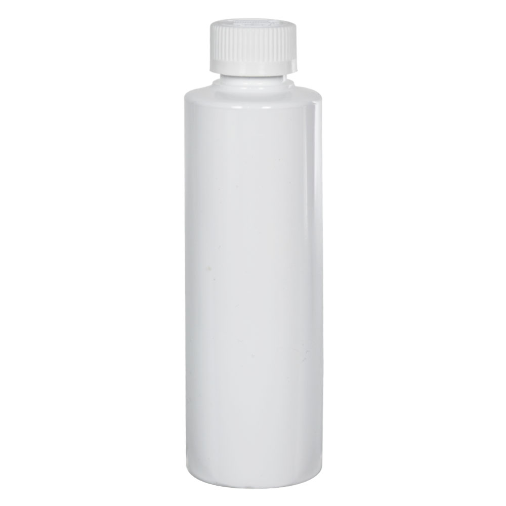 8 oz. White PVC Cylindrical Bottle with 24/410 White Ribbed CRC Cap ...