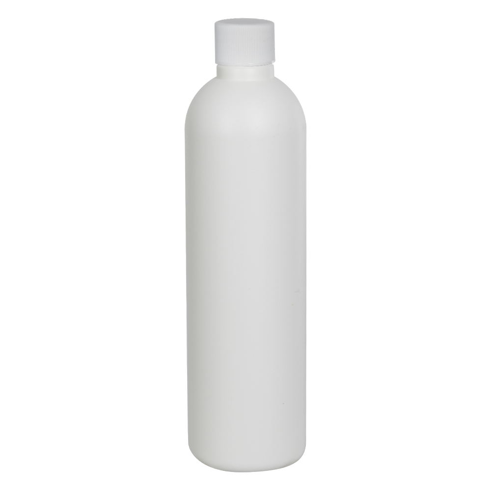 8 oz. White HDPE Cosmo Bottle with 24/410 White Ribbed Cap with F217 ...