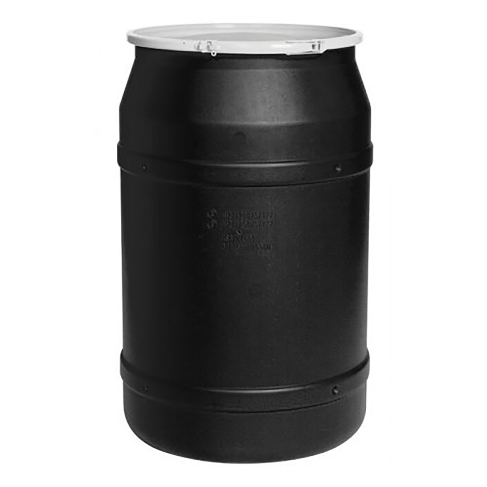 55 Gallon Black Straight Sided Open Head Poly Drum With Plain Lid And Plastic Lever Locking Ring 7530