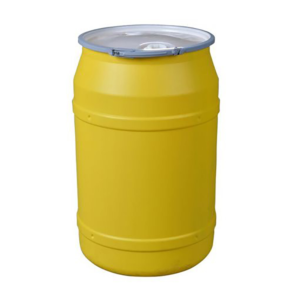 55 Gallon Yellow Straight Sided Open Head Poly Drum With 2 And 34 Bungs Lid And Metal Lever 6889