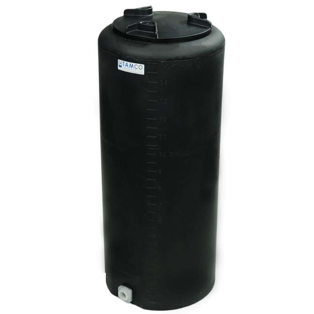 15 Gallon Tamco® Vertical Black Pe Tank With 8 Plain Lid And 34 Fitting 13 Dia X 31 Hgt 7705